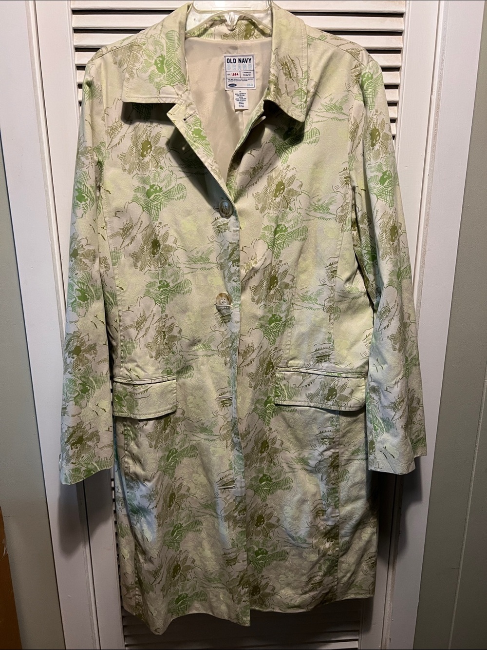 Old Navy Cream Trench Coat with Light Green Floral Print
